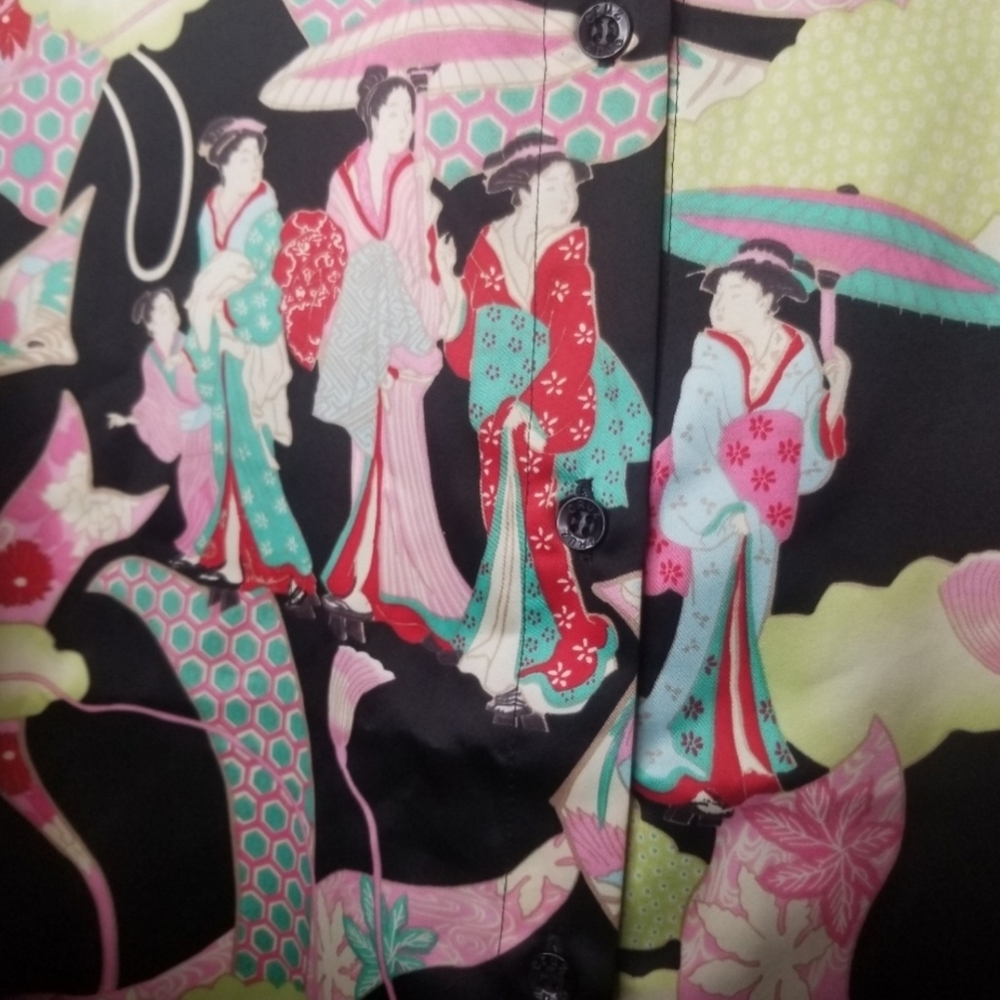 Cruz Wear by Natori Japanese print satin blouse button front Wmn's Size S - Picture 4 of 6